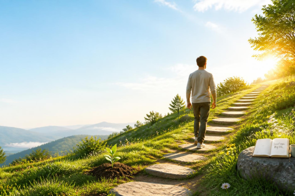 Person walking along a rising path representing small daily improvements and personal growth